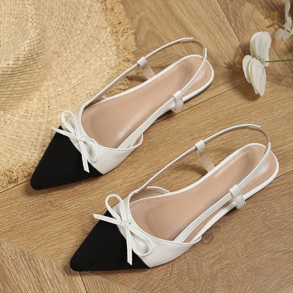 Black and White Casual Women's Color Block Faux Leather Pointed Toe Flats